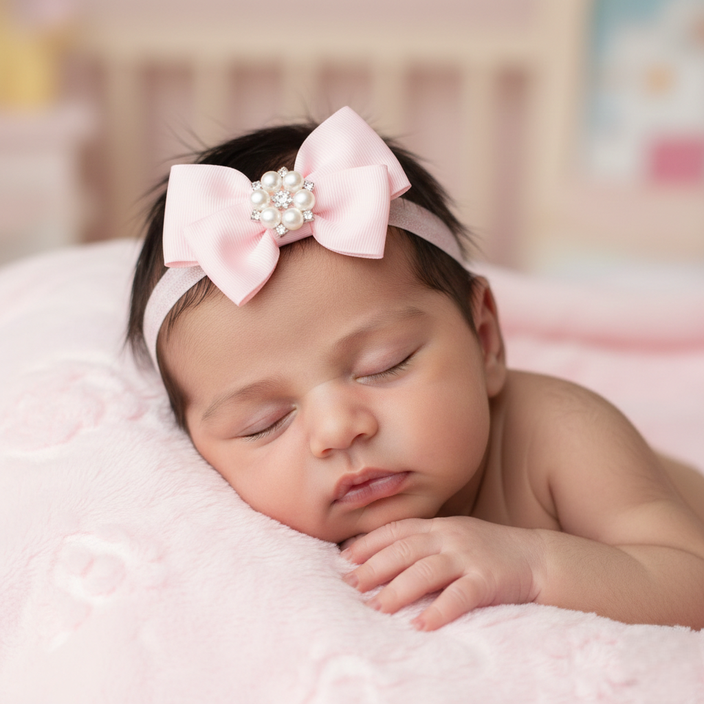 Grosgrain bow with pearl rhinestone on a headband