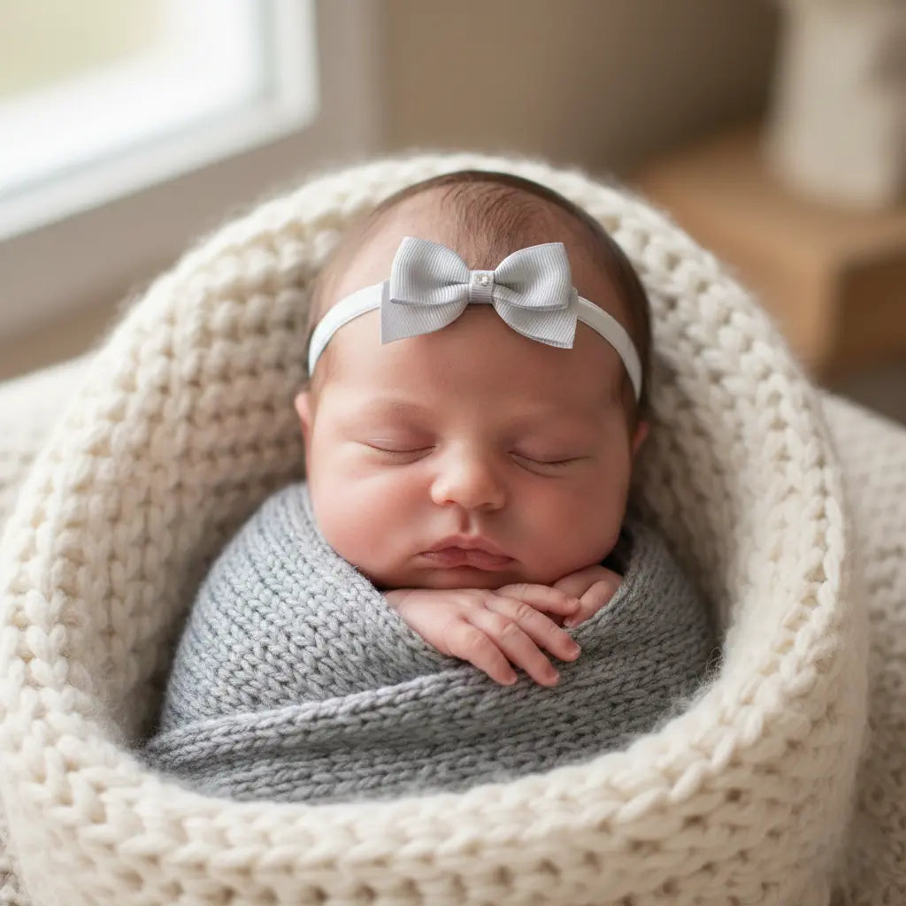 Small gray bow with tails on a soft elastic headband Cute Cute