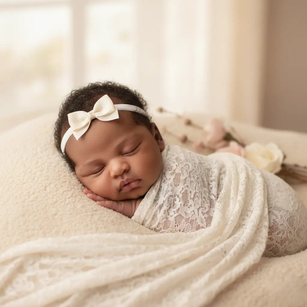 Small ivory bow with tails on a soft elastic headband Cute Cute
