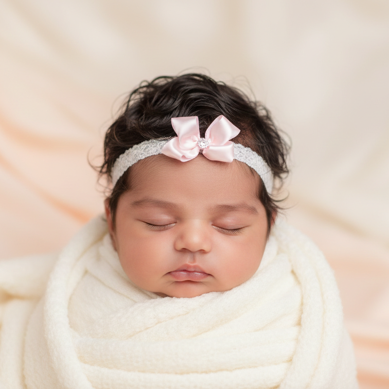 Small satin bow with rhinestone on soft lace