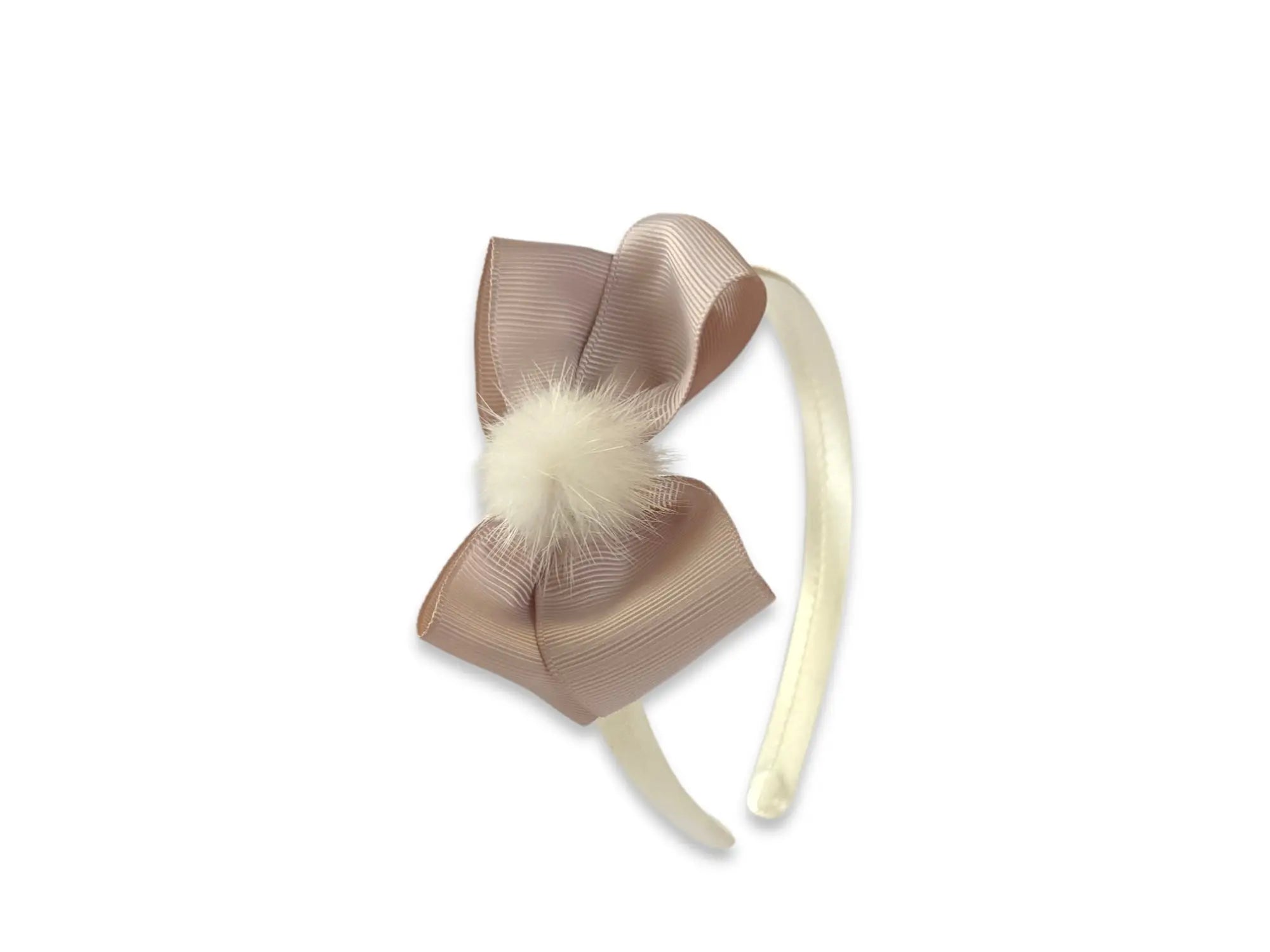 Taupe double bow with pom pom on a satin alice band Cute Cute