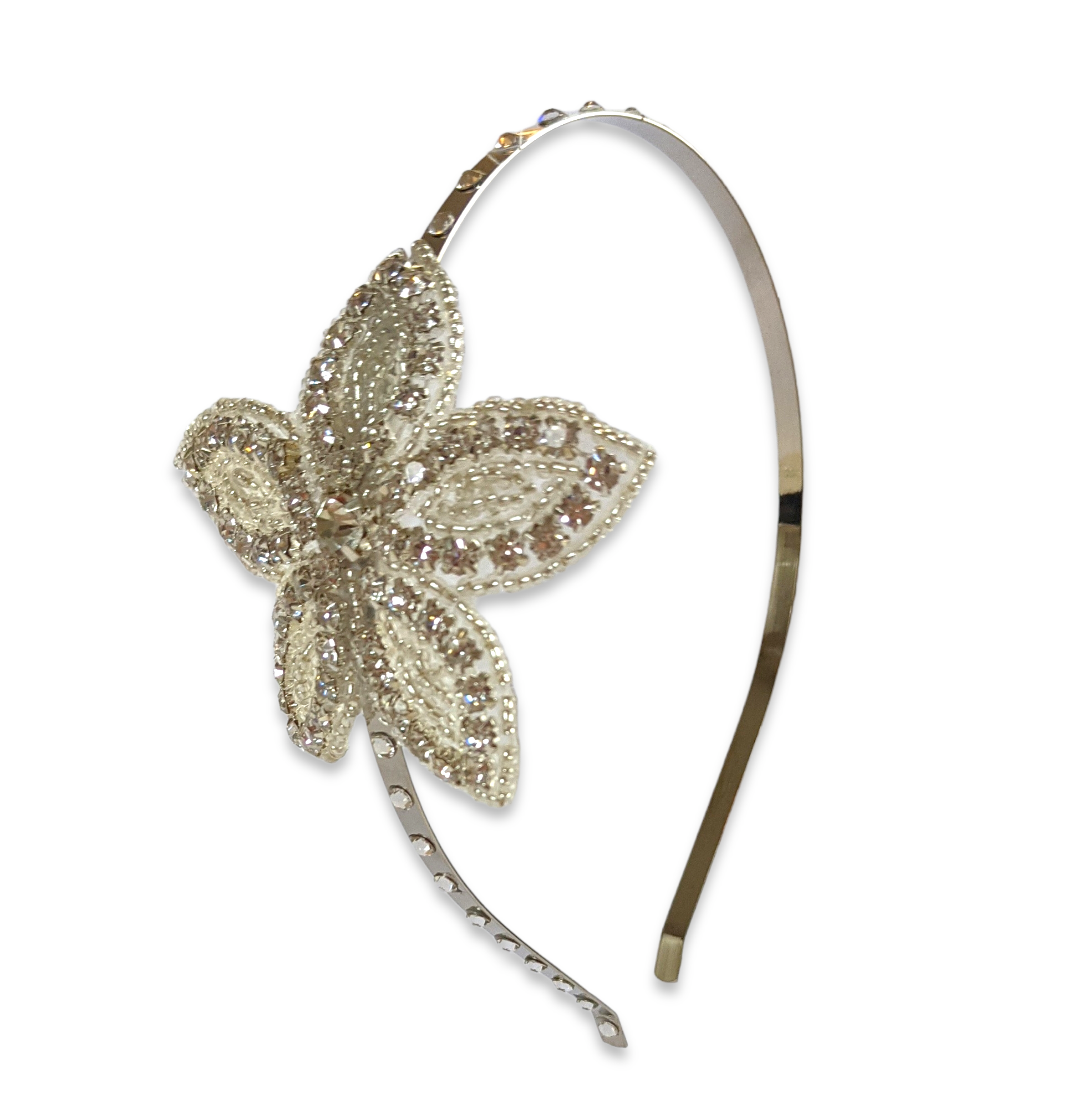 Crystal beaded flower on a slim silver alice band