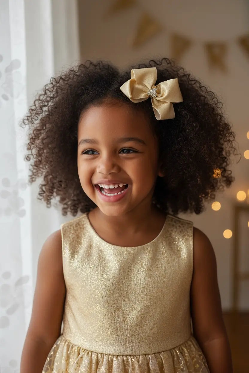 Large double shimmery satin bow with gold teddy rhinestone on a alligator clip. Cute Cute