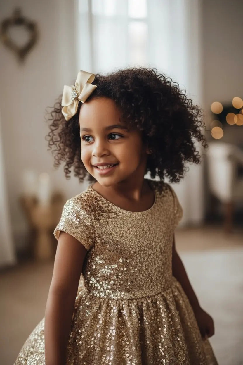 Large double shimmery satin bow with gold teddy rhinestone on a alligator clip. Cute Cute