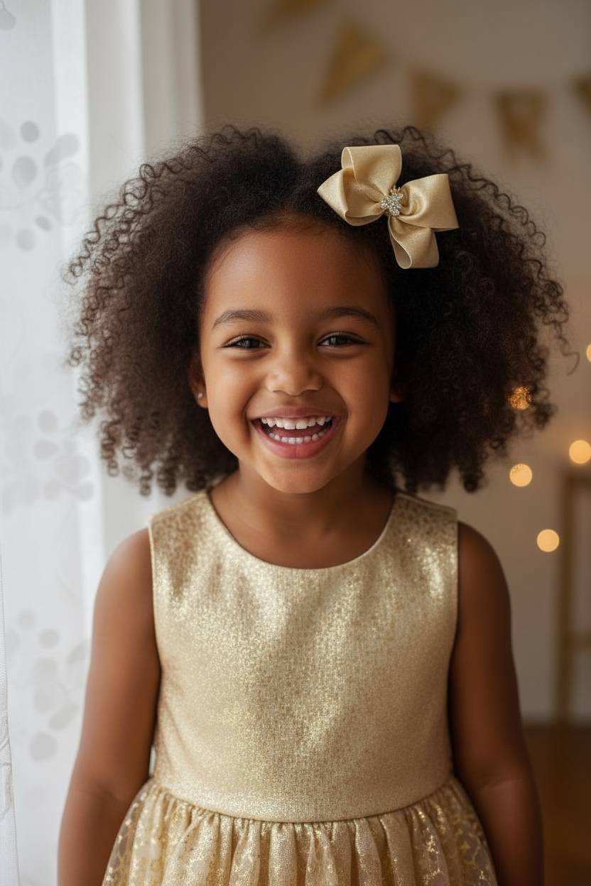 Large double shimmery satin bow with gold teddy rhinestone on a alligator clip.