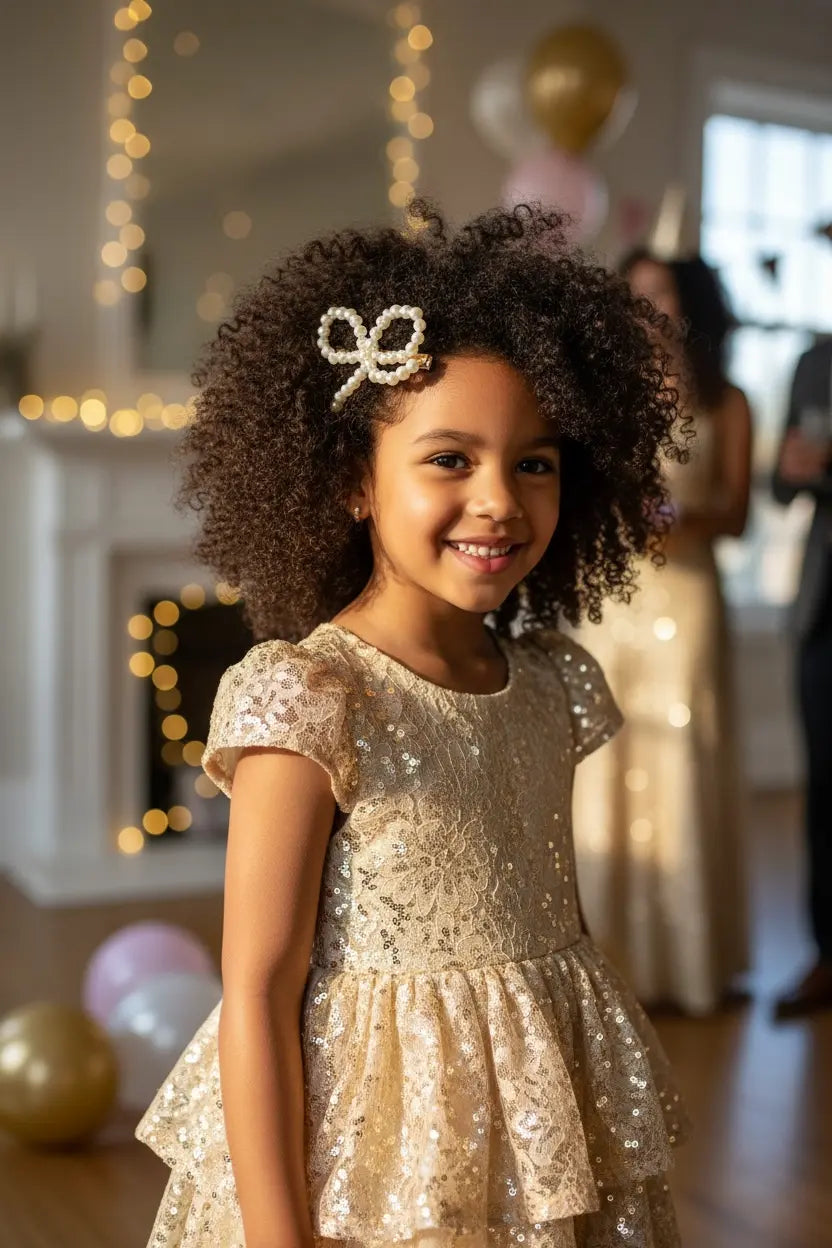 Pearl bow with tails on a golden coloured clip. Cute Cute