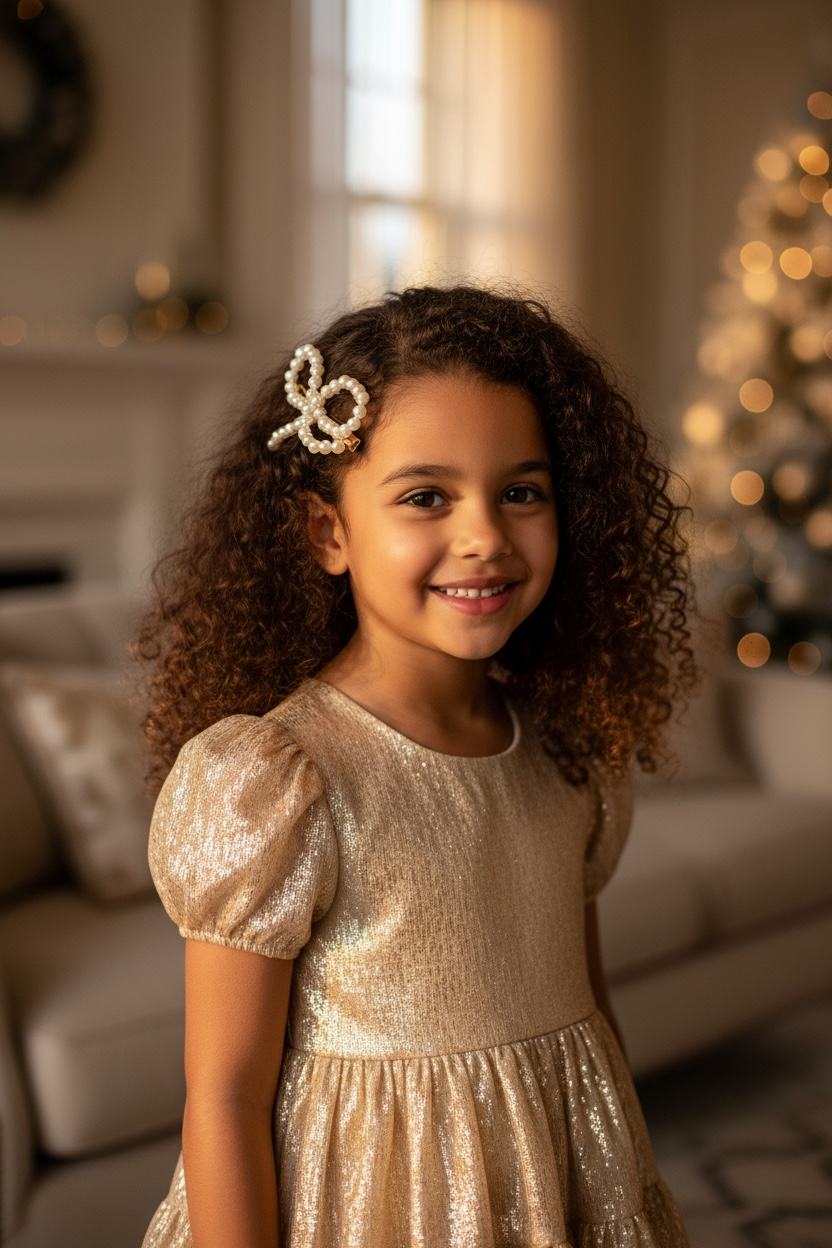 Pearl bow with tails on a golden coloured clip.