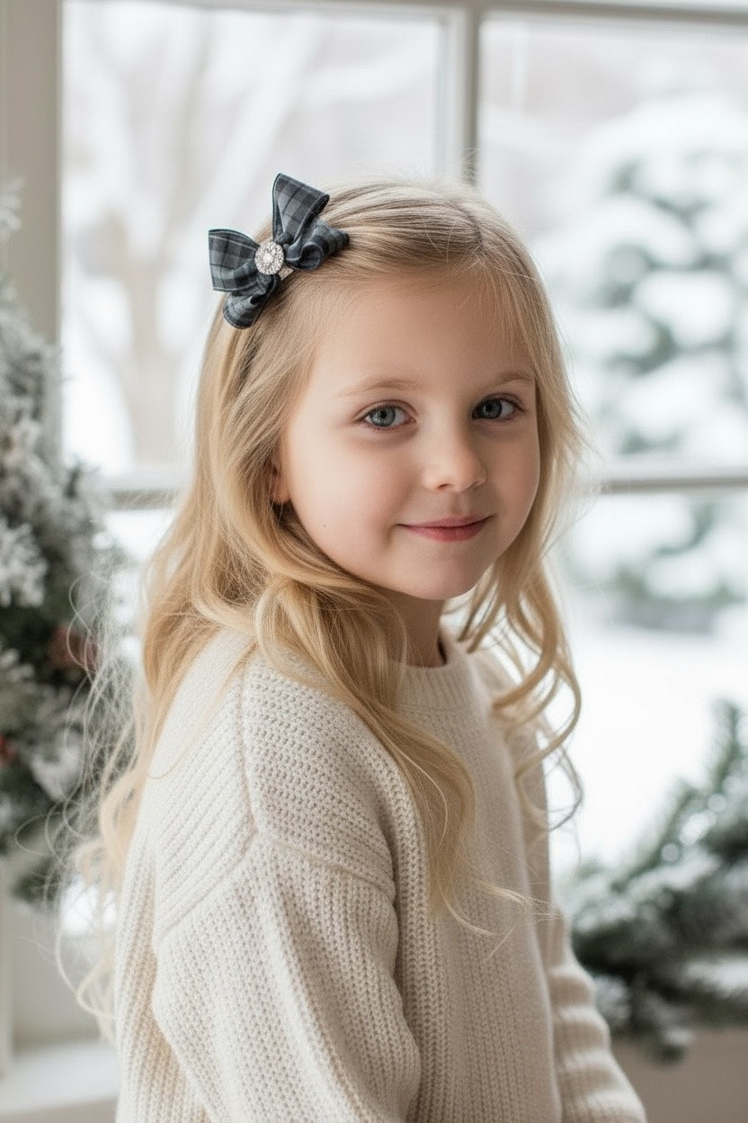 Checked black and grey gingham medium bow