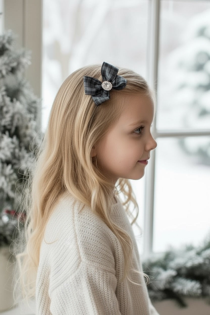 Checked black and grey gingham medium bow