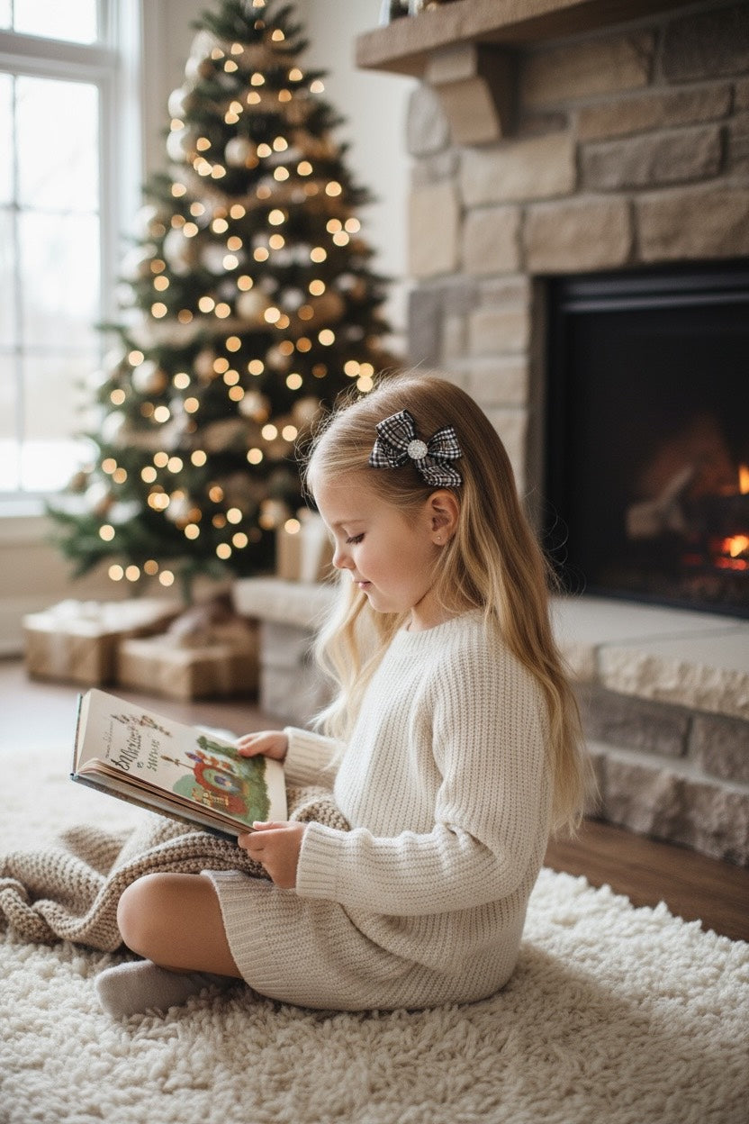 Checked navy and ivory bow