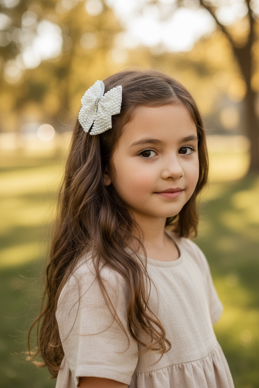 Pearl bow with tails rhinestone on a clip.