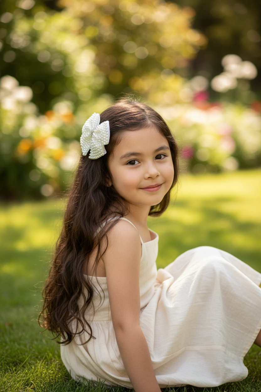 Pearl bow with tails rhinestone on a clip.