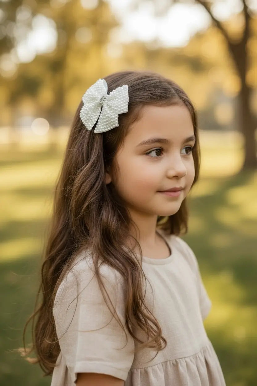 Pearl bow with tails rhinestone on a clip. Cute Cute
