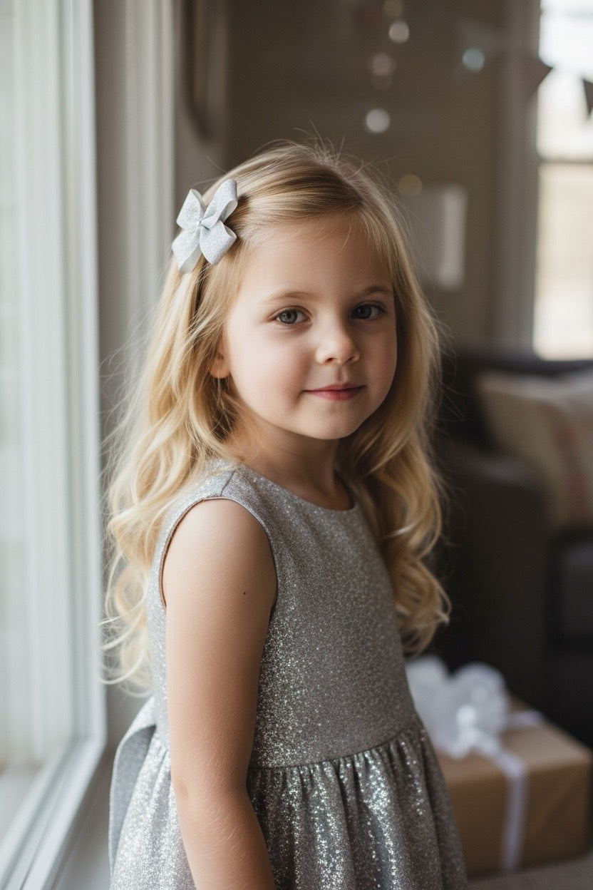 Silver shimmer bow with Swarovski crystal on a clip