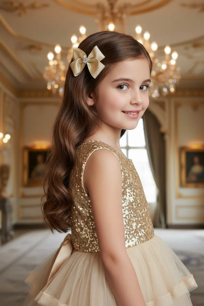 Large double satin shimmery gold bow on a clip. Cute Cute