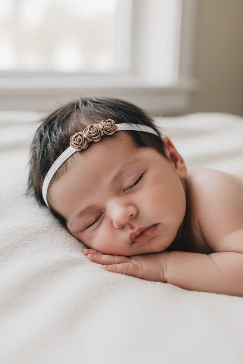 Plush elastic headband with three mulberry roses in brown