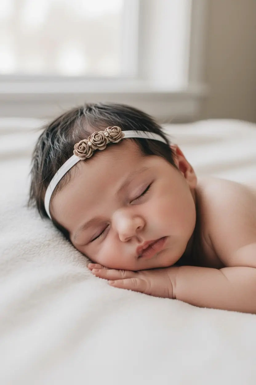Plush elastic headband with three mulberry roses in brown Cute Cute