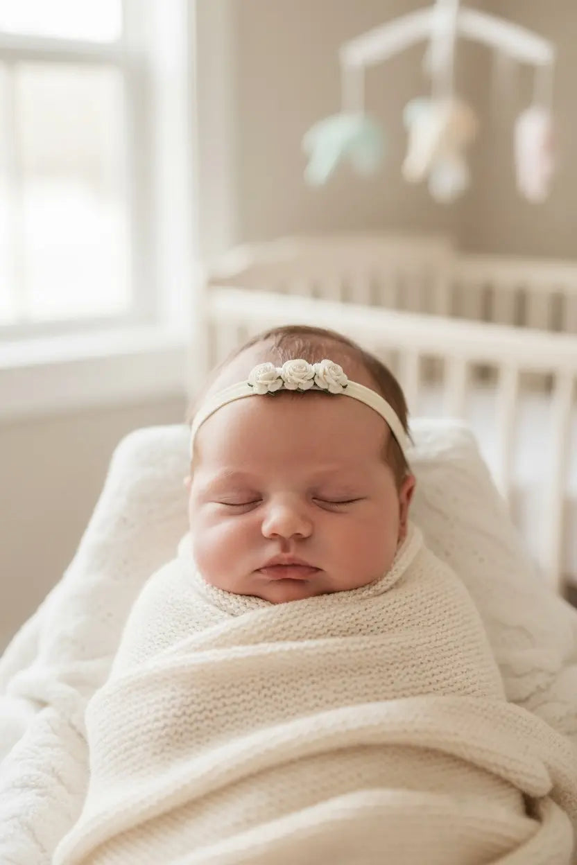 Plush elastic headband with three mulberry roses in ivory Cute Cute