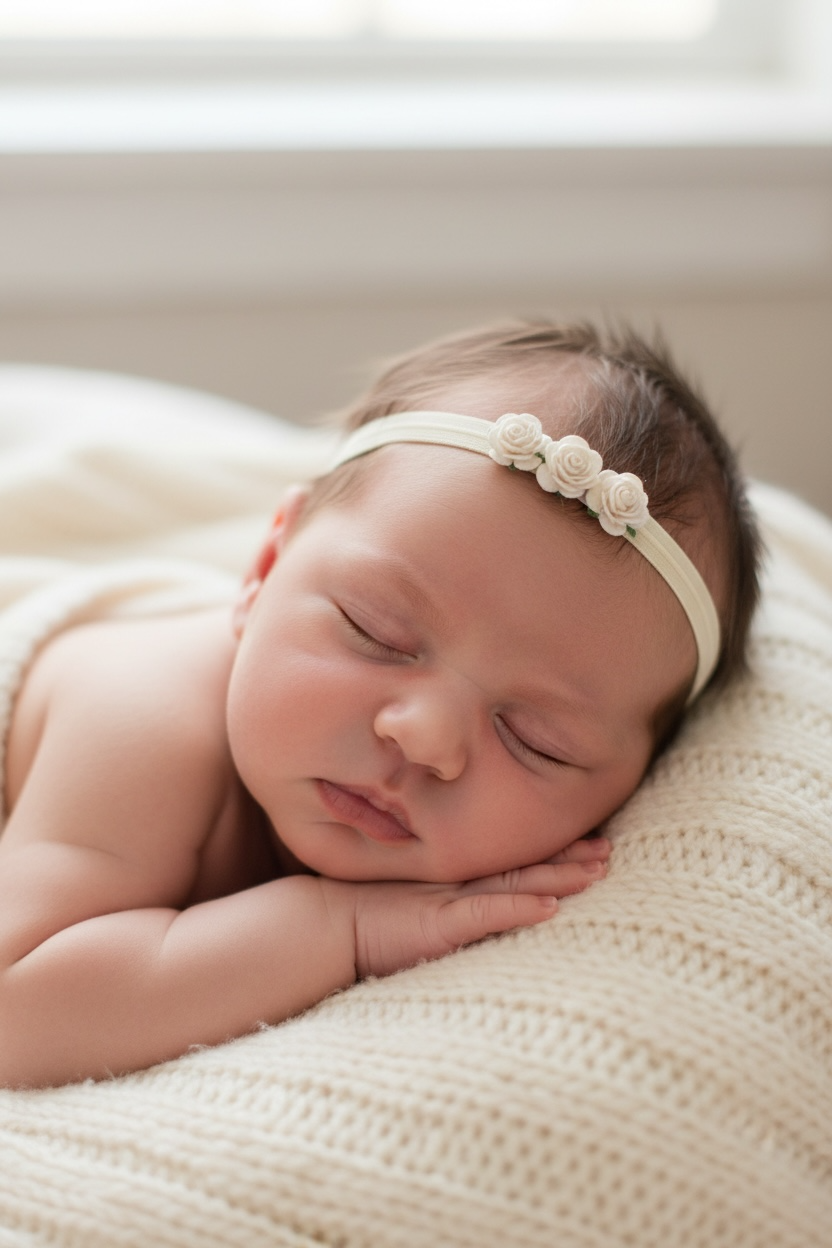 Plush elastic headband with three mulberry roses in ivory