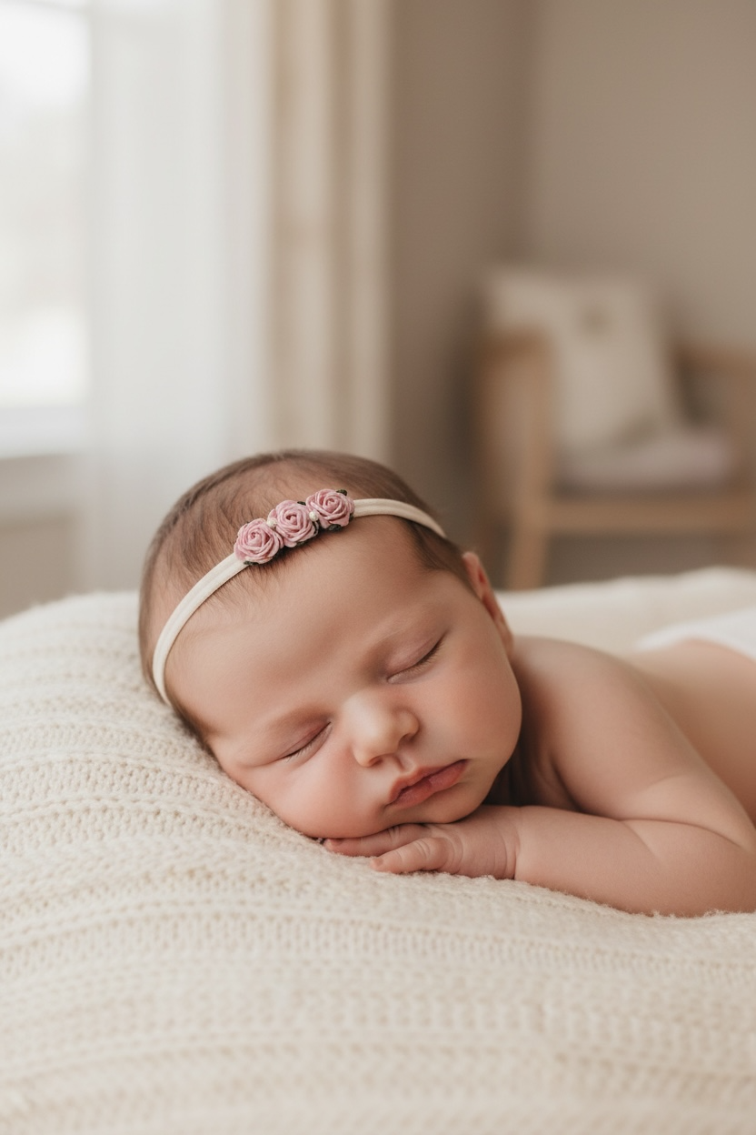 Plush elastic headband with three mulberry roses in pink