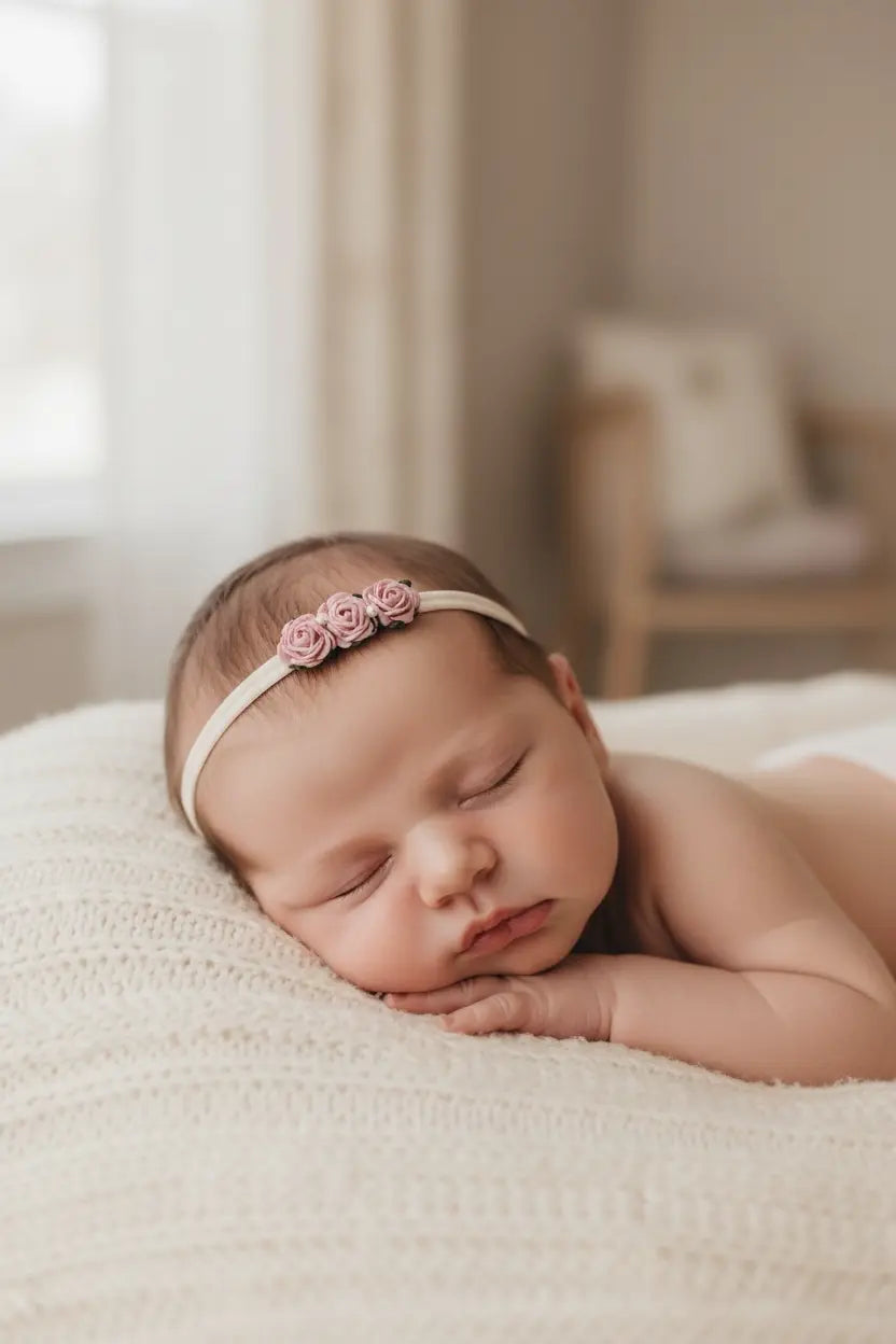 Plush elastic headband with three mulberry roses in pink Cute Cute