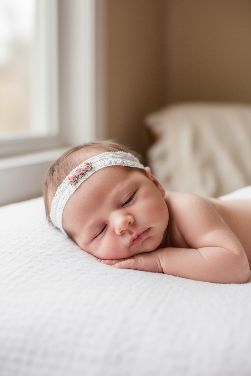 Off white lace headband with three mulberry roses in pink