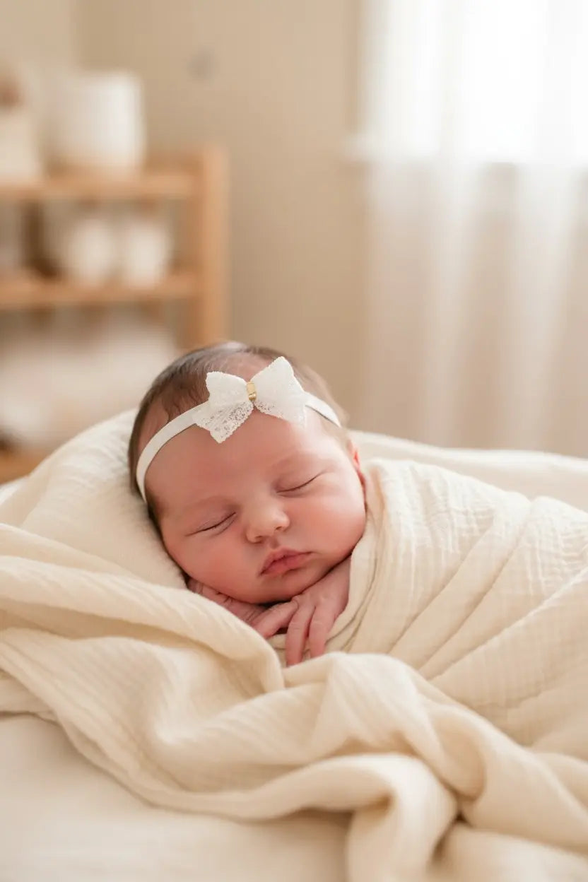 Off white lace bow with gold middle on a soft elastic headband Cute Cute