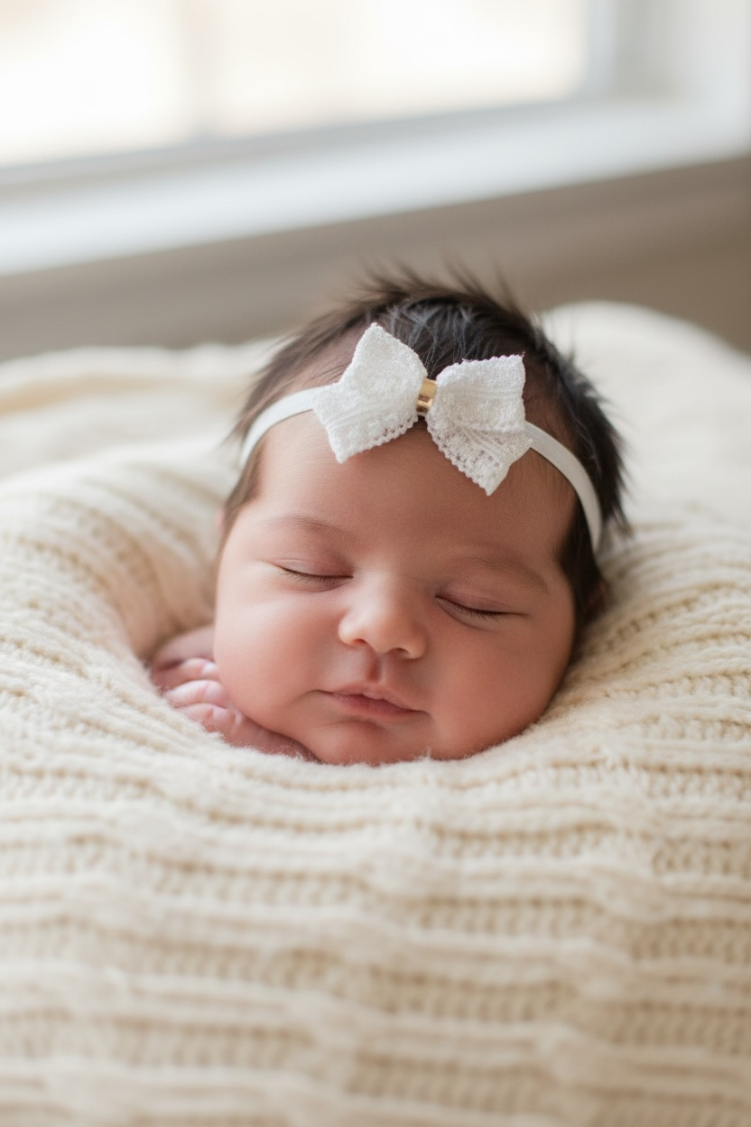 Off white lace bow with gold middle on a soft elastic headband