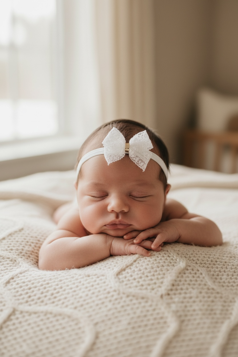 Off white lace bow with gold middle on a soft elastic headband