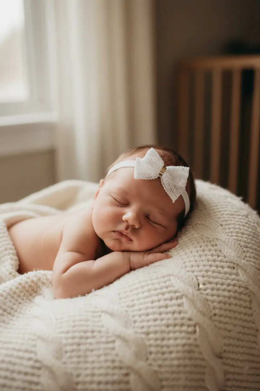 Off white lace bow with gold middle on a soft elastic headband Cute Cute