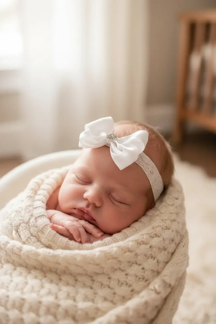 White large satin bow on soft lace headband Cute Cute