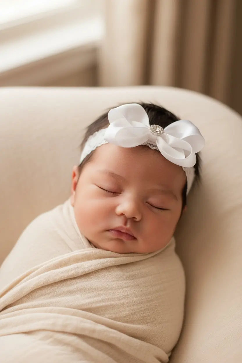 White large satin bow on soft lace headband Cute Cute