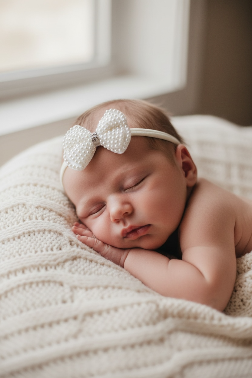 Medium pearl bow with rhinestone on a soft ivory headband