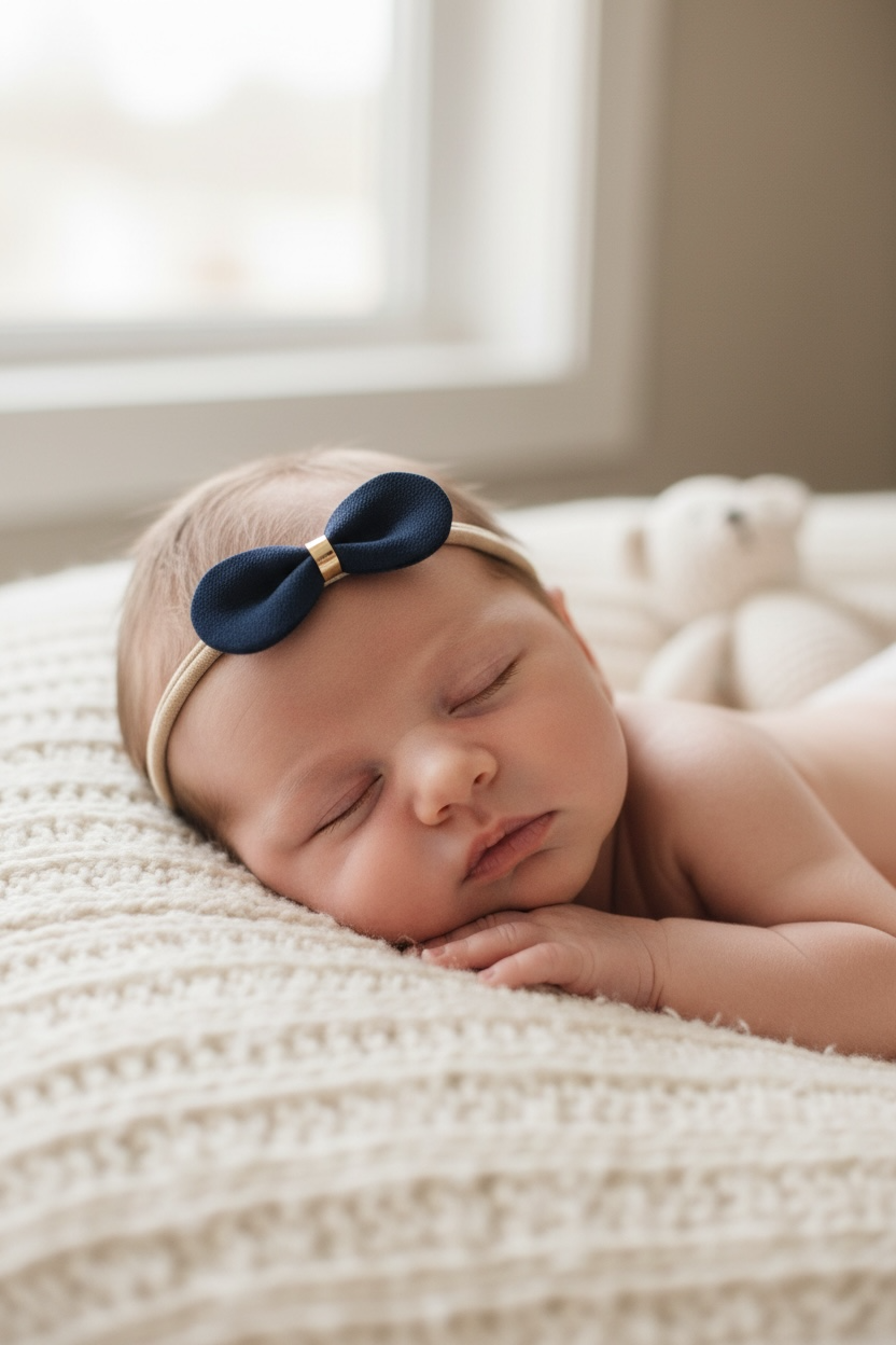 Navy bow with gold center on a skinny soft nylon headband