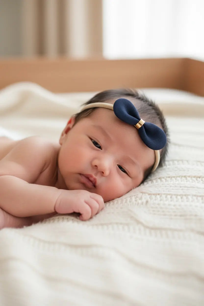 Navy bow with gold center on a skinny soft nylon headband Cute Cute