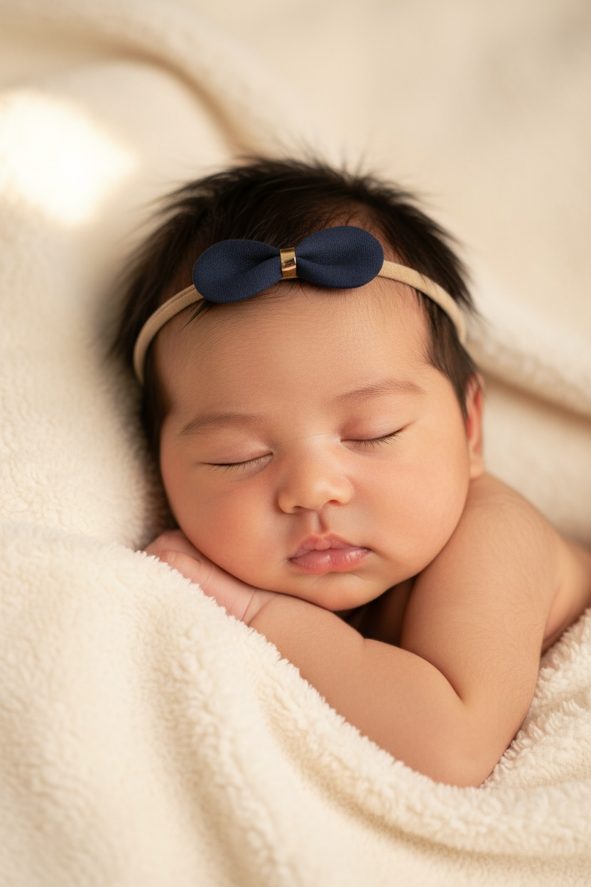 Navy bow with gold center on a skinny soft nylon headband