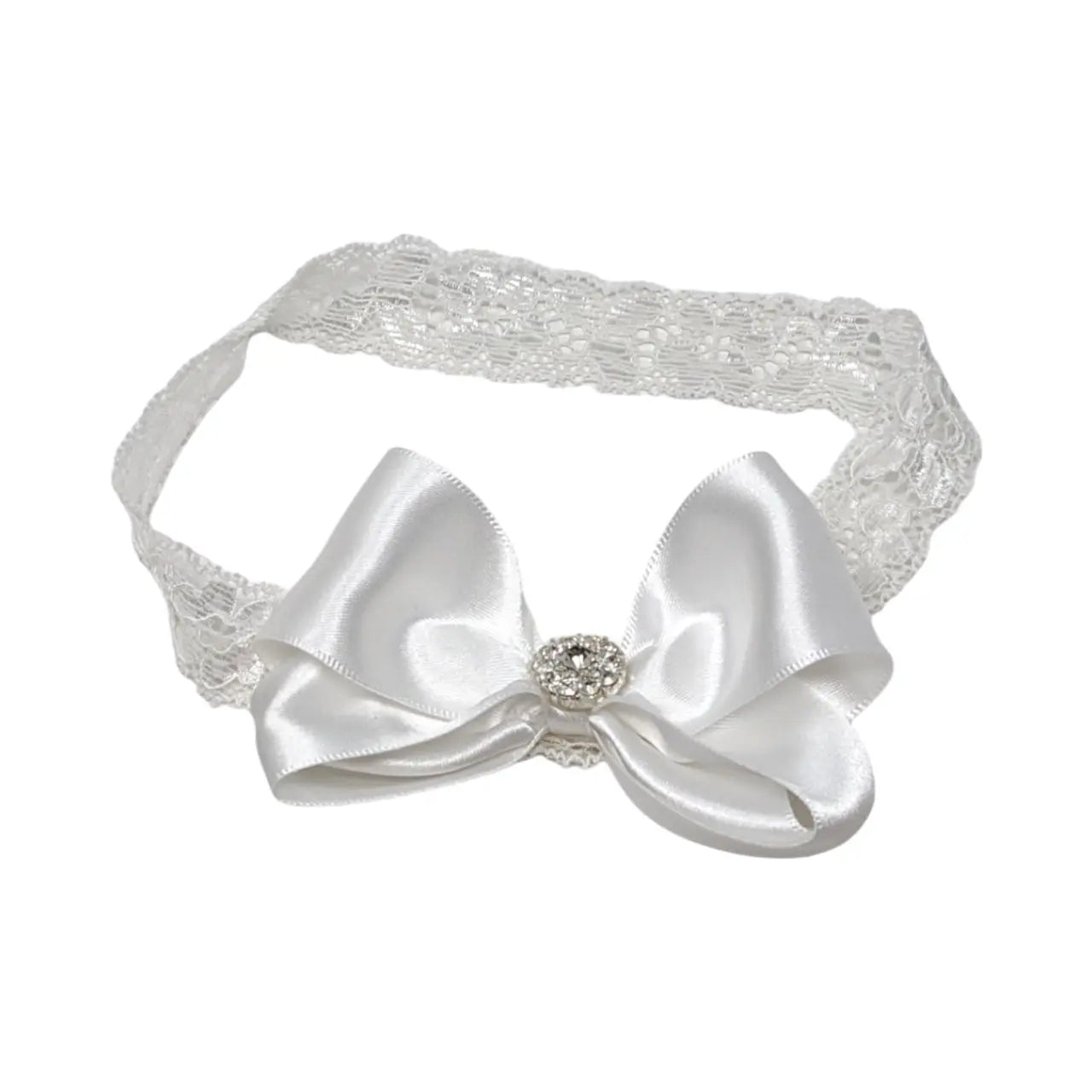 White large satin bow on soft lace headband Cute Cute