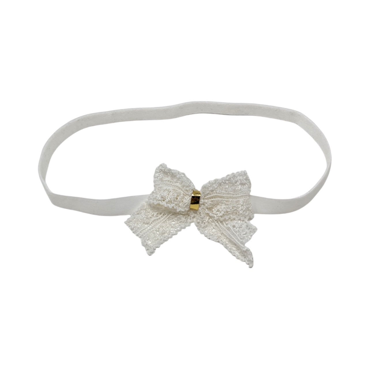 Off white lace bow with gold middle on a soft elastic headband