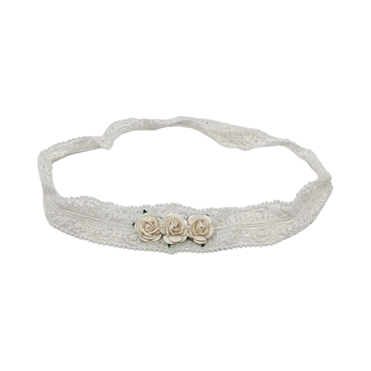 Off white lace headband with three mulberry roses in ivory