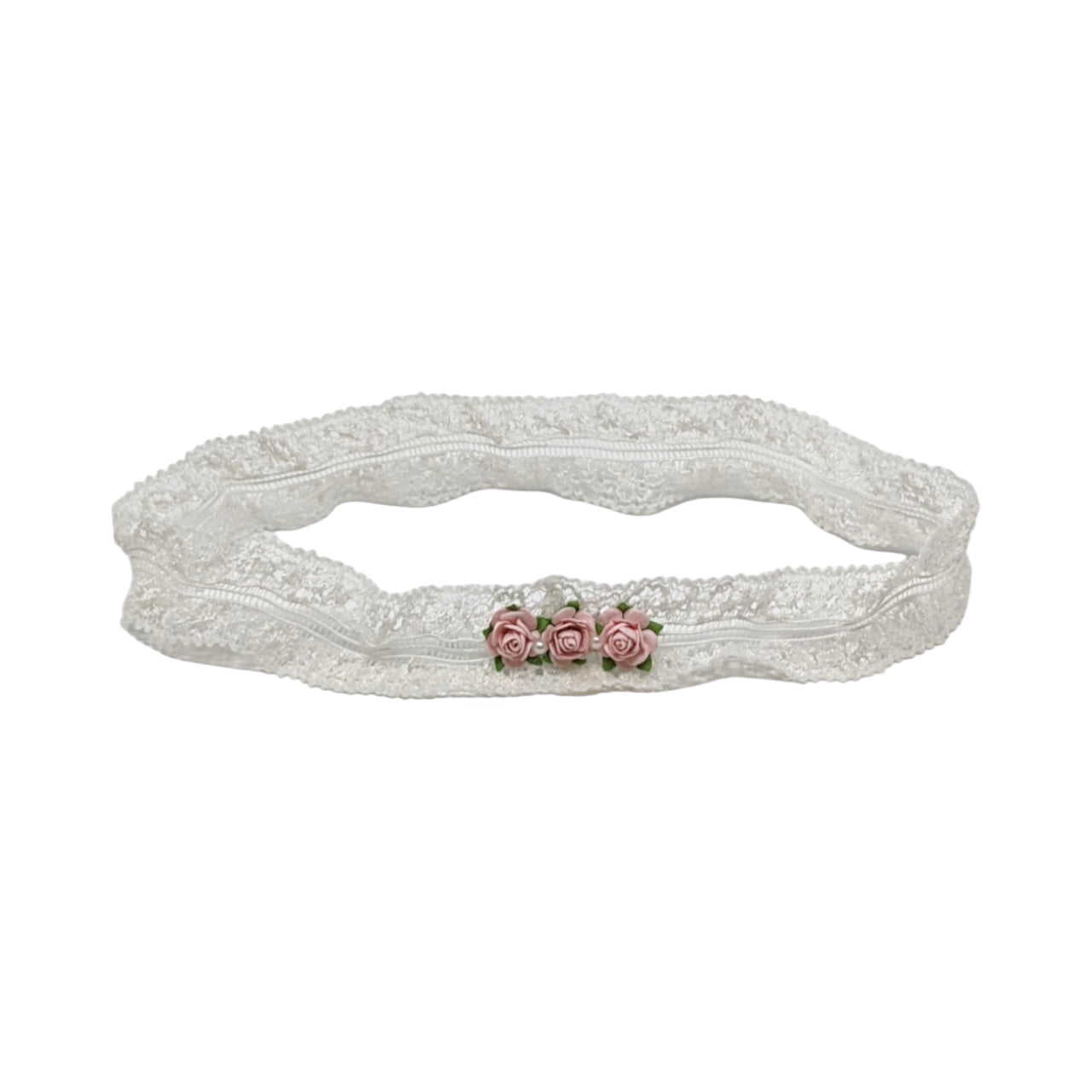 Off white lace headband with three mulberry roses in pink