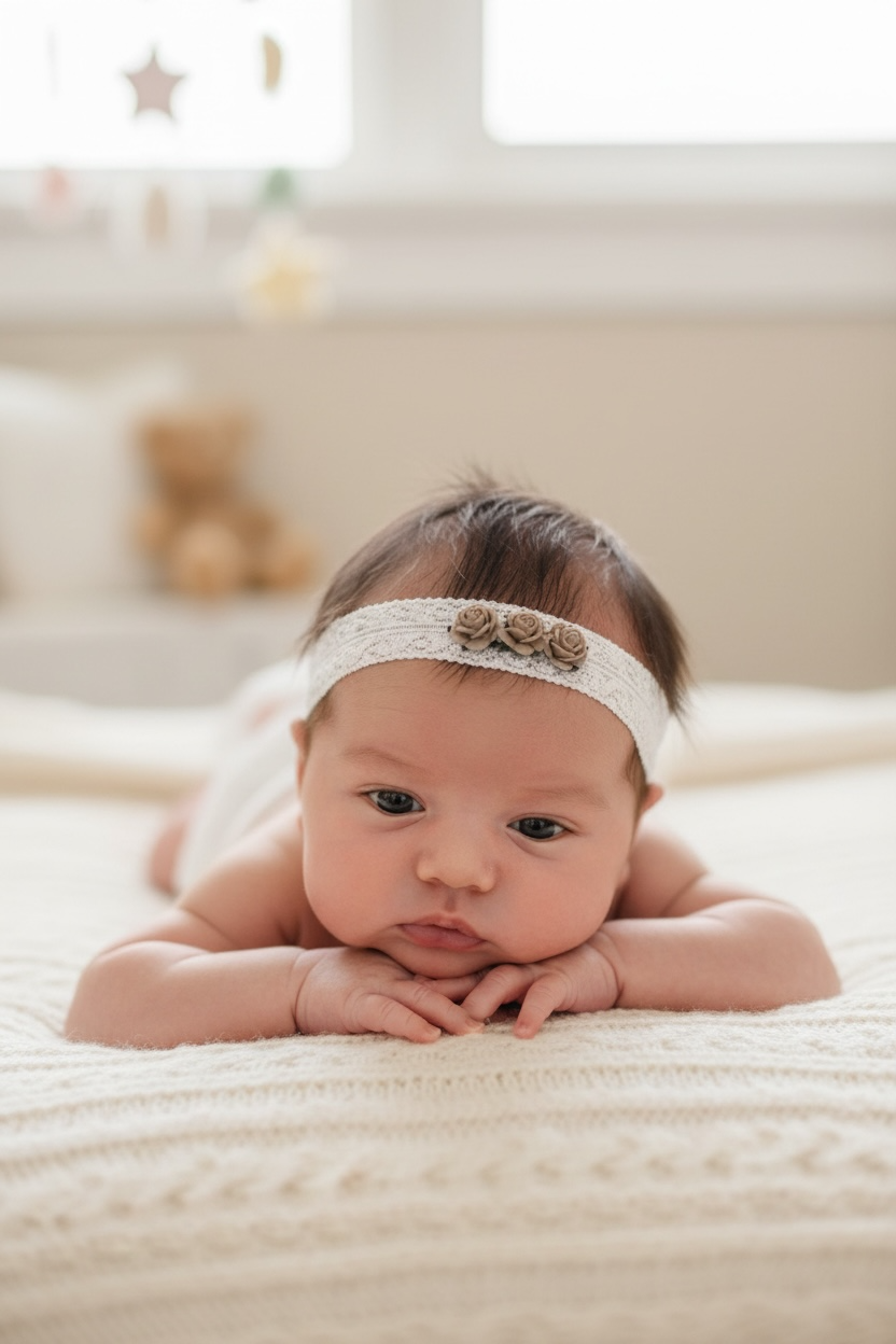 Off white lace headband with three mulberry roses in brown