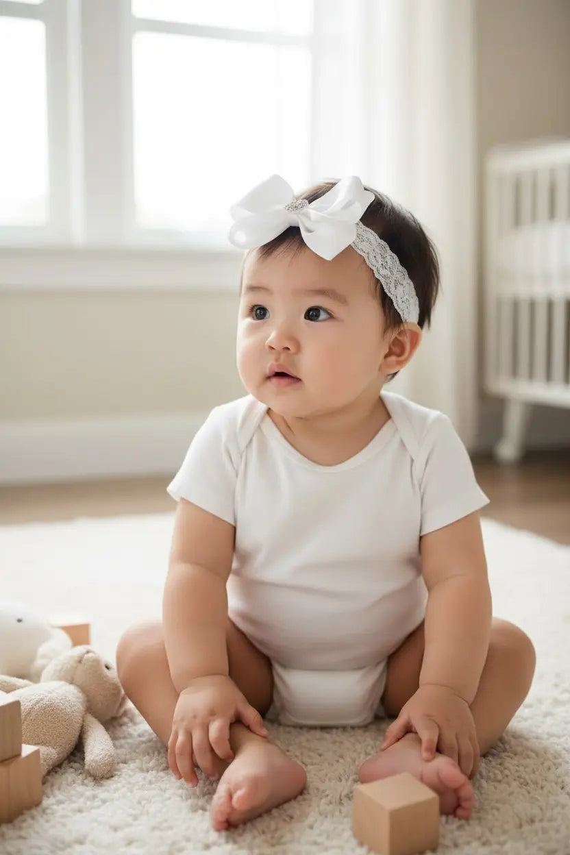 White large satin bow on soft lace headband Cute Cute