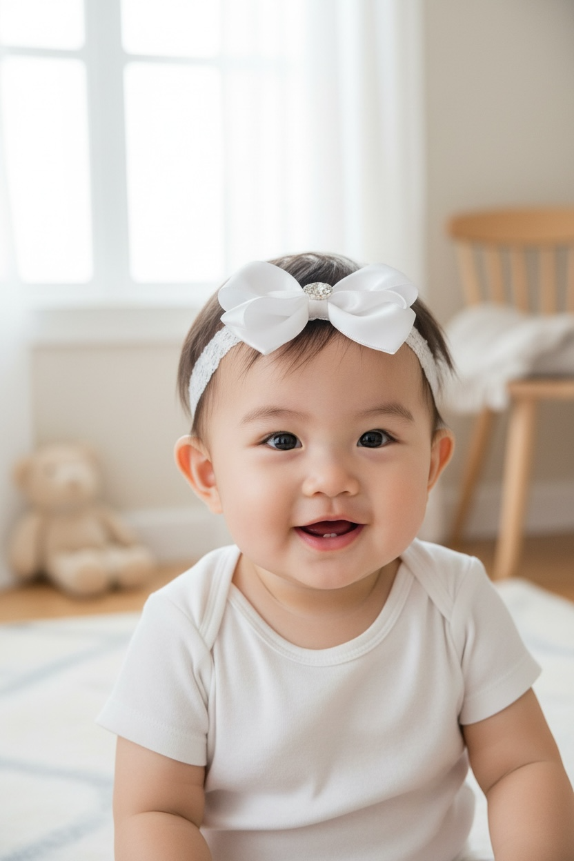 White large satin bow on soft lace headband