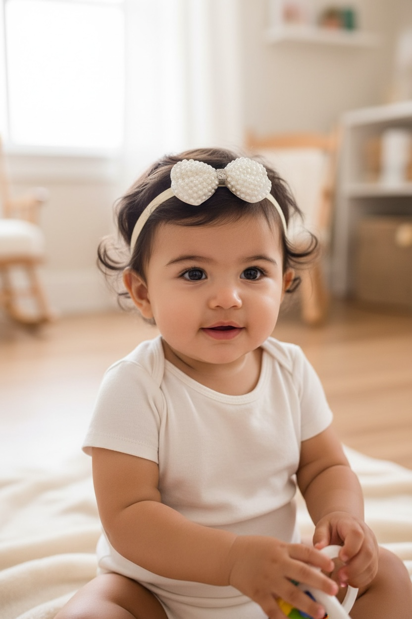 Medium pearl bow with rhinestone on a soft ivory headband