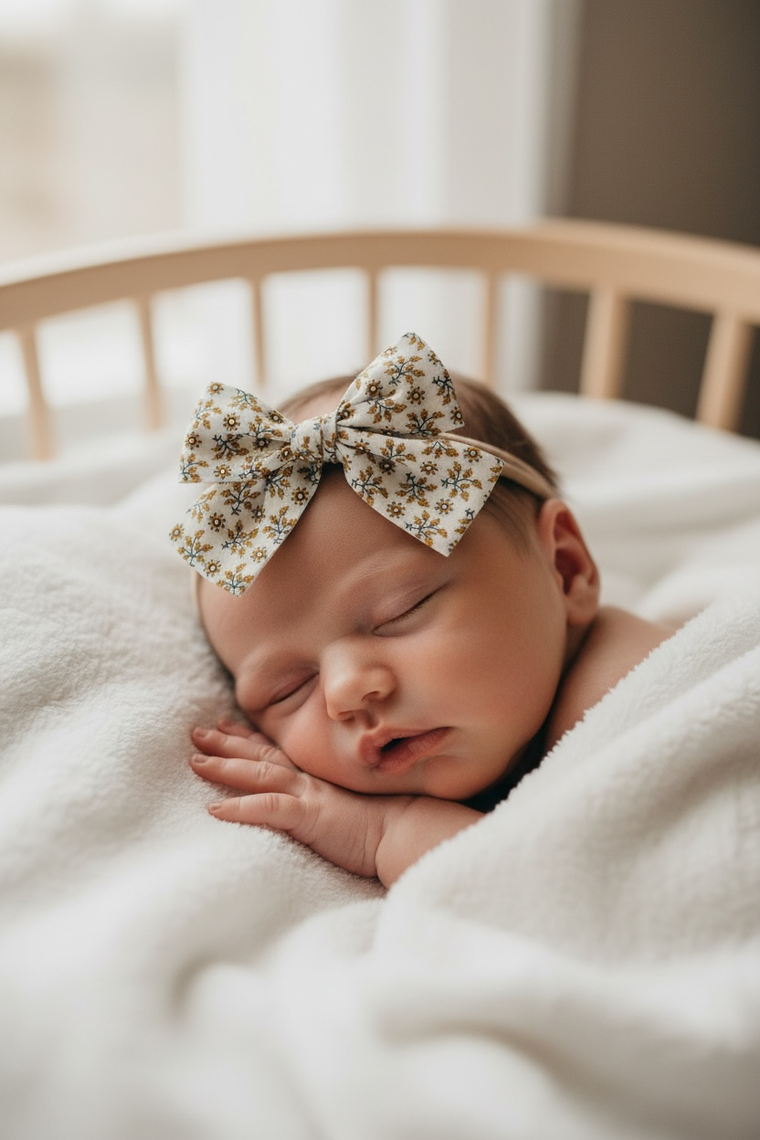 Mustard and green fabric checked bow on a headband