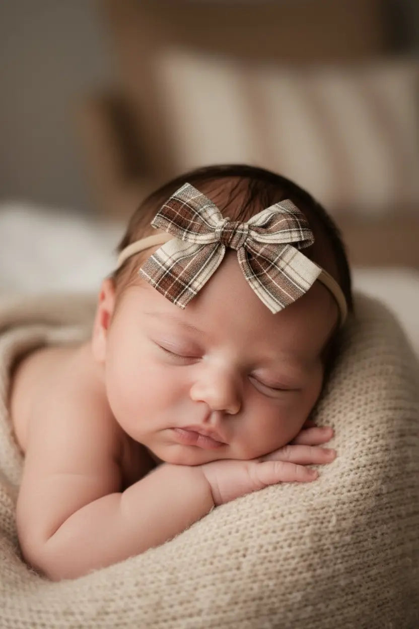 Brown fabric checked bow on a headband Cute Cute