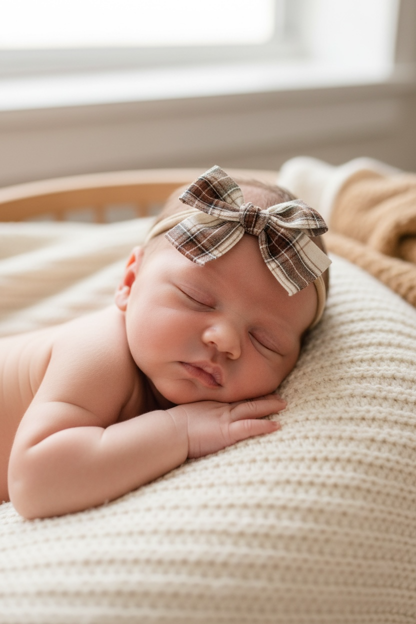 Brown fabric checked bow on a headband