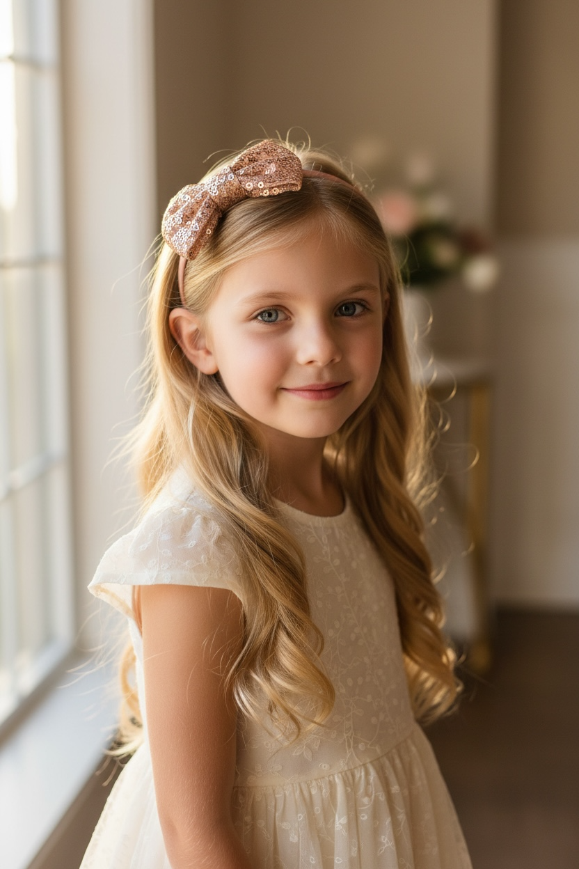 Rose gold sequin bow on a satin alice band