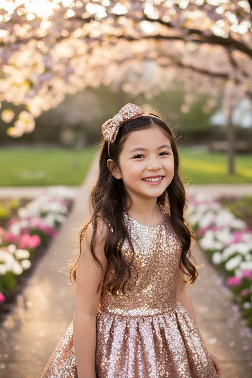 Rose gold sequin bow on a satin alice band