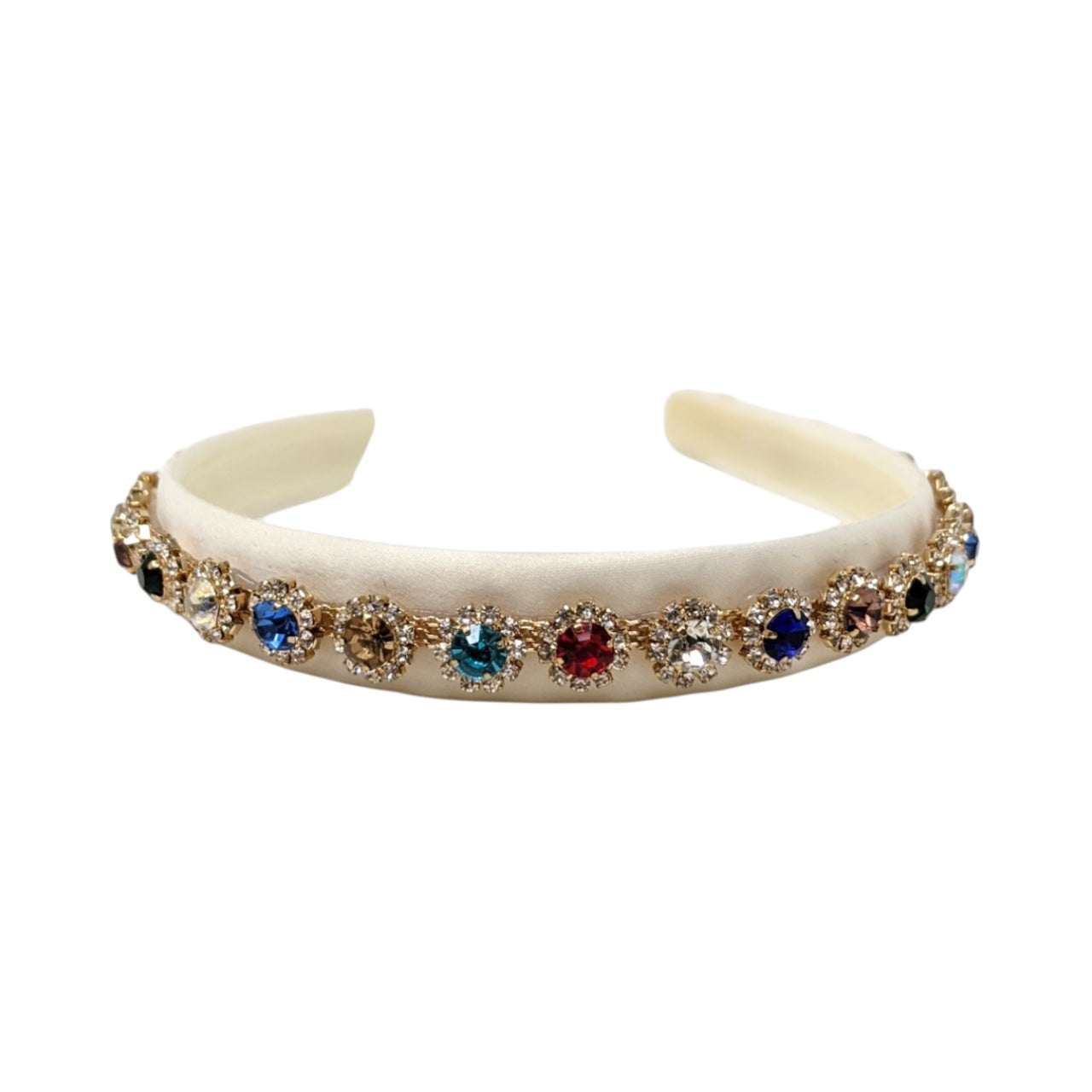 Ivory alice band with colourful stones in a gold cased diamante